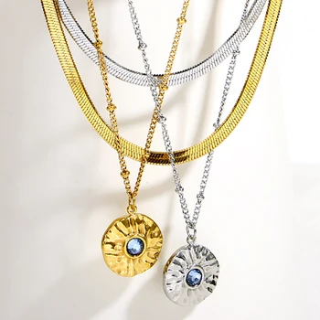 Ожерелье с подвеской в виде монеты из нержавеющей стали для женщин, ретро-колье с цирконами, Счастливые Голубые глаза, цепочка из каменных звеньев, ожерелья, воротник
