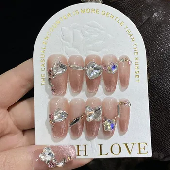 Корейская печать на ногтях ручной работы Pink Y2k Star Nails Long Coffin Многоразовые накладные ногти с клеем, Роскошные Подвески, Дизайн Акриловых ногтей