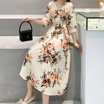 Французские шикарные элегантные платья трапециевидной формы с коротким рукавом и цветочным принтом, эластичное облегающее платье с высокой талией, прямая поставка
