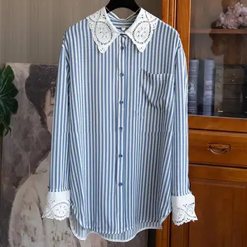 Темпераментный лацкан Контрастного цвета в вертикальную полоску, Рубашка с длинным рукавом, Топ, женские камзолы