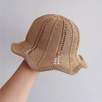 Однотонная шапочка-бини, Рыбацкая шляпа для девочки, детский солнцезащитный козырек с волнистыми краями, соломенный Детский капор, Дышащая Летняя широкополая шляпа для малышей